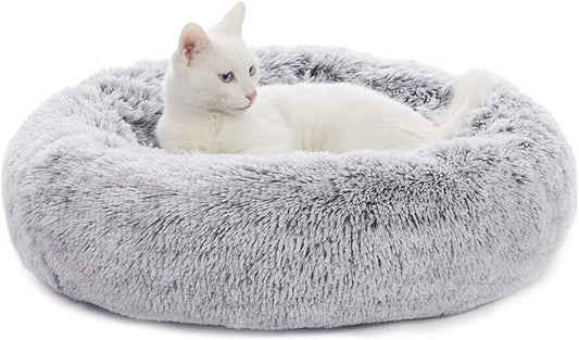 Bedfolks Calming Donut Dog Bed for Small Dogs & Cats, 23 Inches Round, Machine Washable, Anti-Anxiety Plush Bed (Dark Grey, Small)