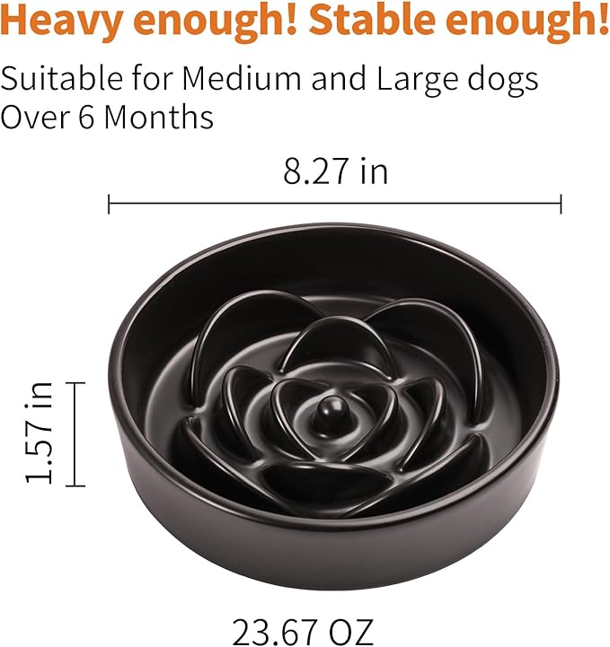 Black Ceramic Slow Feeder Dog Bowl for Medium and Large Breed,Elevated/Raised 1.5 Cup 8.26 in Slow Feeding Bowl,Puzzle Dog Food Bowl for Fast Eater,Maze Dish for Fast Eater