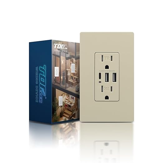 TOPELER USB Outlet, 30W 6.0A USB C Wall Receptacle, 15 Amp Tamper-Resistant Receptacle Plug, in-Wall Electrical Socket with USB-A & C Port, UL & FCC Listed, Screwless Wall Plate, Ivory
