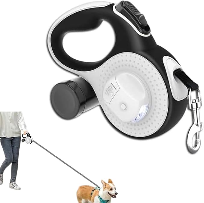 Best Dog Supplies 4-in-1 Anti Pull Retractable Dog Leash 26ft/8Meter Long with Flashlight and Poop Bag Dispenser for Medium Large Dogs - White