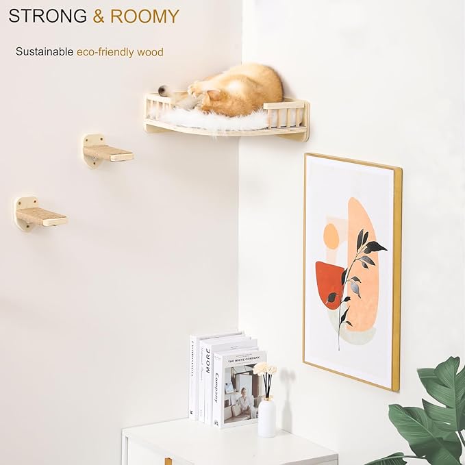 Cat Wall Shelves with 3 Steps Scratch Post, Climbing Shelf and Hammock for Indoor Cats (Wood)