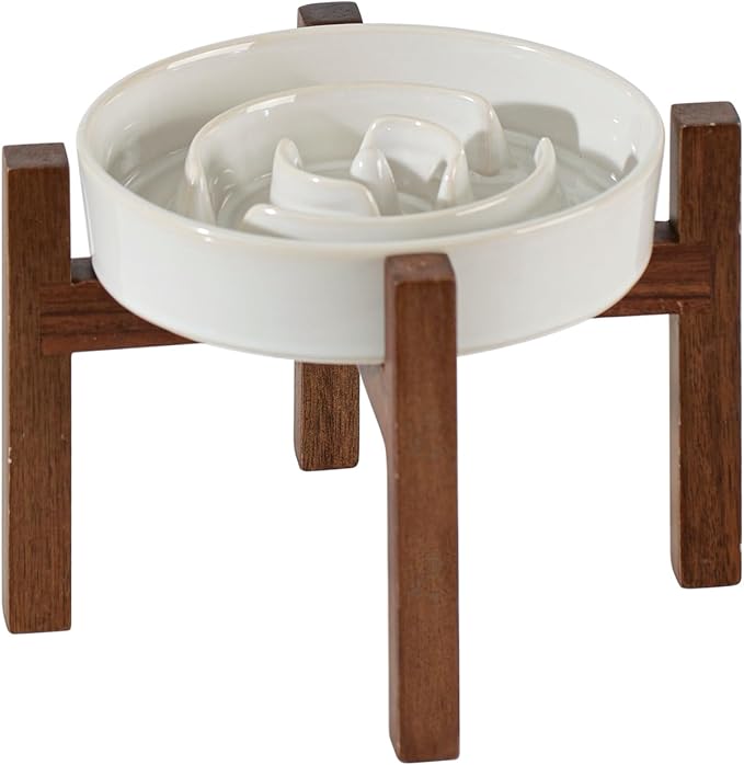 Ceramic 1.2 Cup Raised Slow Feeder Dog Bowl Set, Elevated Acacia Wood Stand for Medium and Small Dog, 7.3inch Slow Dish, Stop Bloat(Single Bowl+ Stand, Reactived Glaze -White)