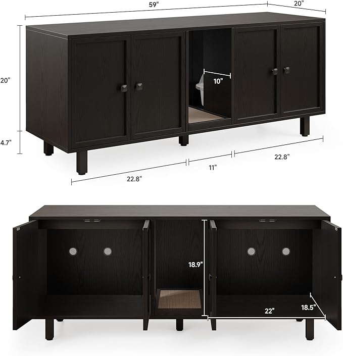 ONBRILL 59 Inches Cat Litter Box Enclosure for 2 Cats, Hidden Litter Boxes Furniture with Cat Scratch Pad, Large Indoor Pet House with Double Room, Wooden TV Stand Side Table, Black