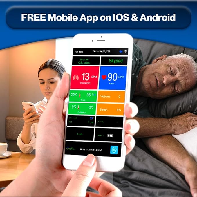 SkyPad FDA-Cleared Contact-Free Heart & Breathing & Sleep Apnea & Seizure Monitor, Adult & Children Home Health Care - Senior & Nursing Home - Remotely Monitor Wellness via app - Emergency Alert Call
