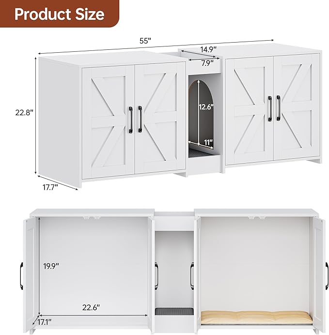 55" Cat Litter Box Enclosure, Double Litter Box Cabinet with Cat Bed, PVC Pad and Scratch Pad, Hidden Litter Box Furniture for 2 Cats with Storage and 2 Entrances, White