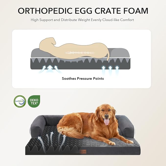 Orthopedic Dog Beds for Extra Large Dogs, Waterproof Egg Crate Foam XL Dog Bed with Sides 41x27Inch, Washable Big Dogs Couch Beds with Removable Cover and Nonskid Bottom, Dark Grey