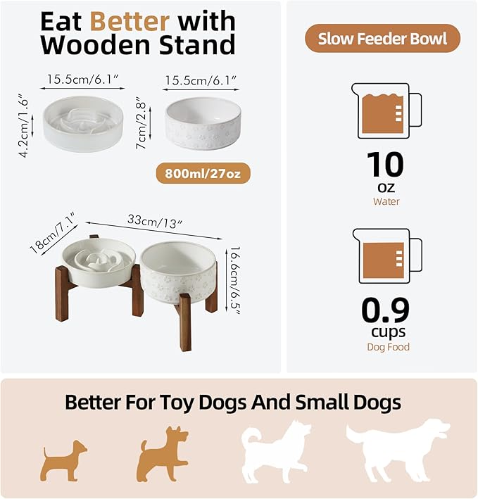 Ceramic 0.9 Cup Raised Slow Feeder Dog Bowl Set, Elevated 6.1inch Water Bowl and 6.1inch Slow Dish with Acacia Wood Stand for Small Dogs (2 x Reactived Glaze -White+ Stand)