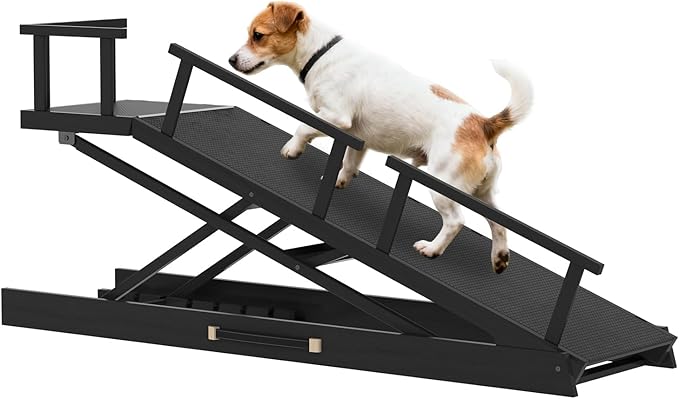 65" Foldable Dog Ramp for Bed, 6 Level（13"-32"） Heavy Duty Adjustable Dog Ramp for Car Pet Ramp with EVA Non-Slip Surface, Rest Platform & Glow Strips for Large Dogs up to 200Lbs (Black)