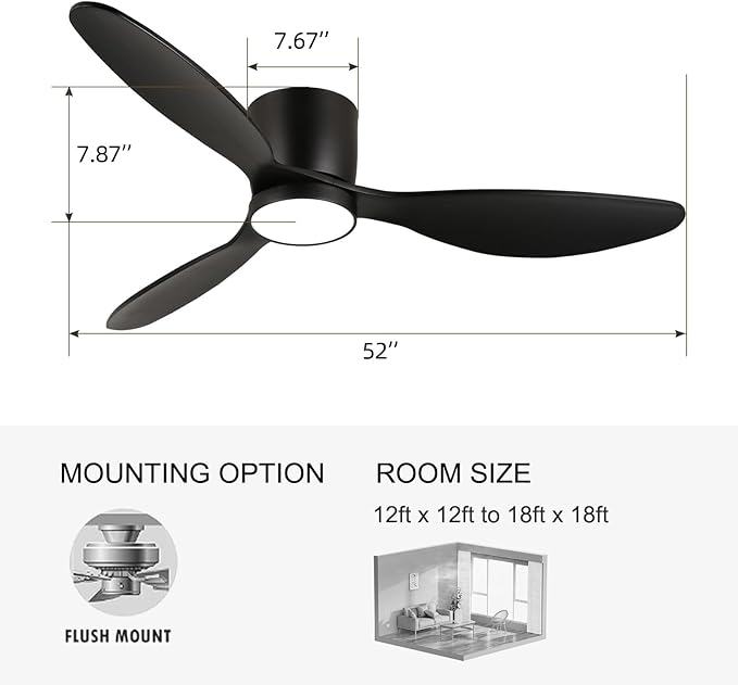 reiga 52 Inch Wood Black Modern Flush Mount Indoor Ceiling Fan with Light and Remote, 3 Propeller Blade, Quiet DC Motor for Bedroom Living Room