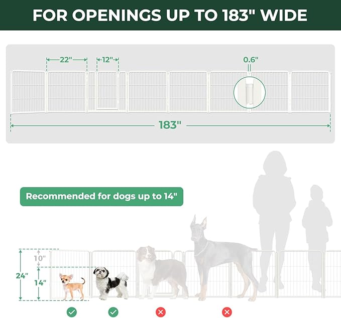 FXW Dog Gate Extra Wide Designed for Indoor Use, Adjustable Width Up to 183-inch Wide (24" H 8 Wire Panels for Puppies and Small Dogs), White