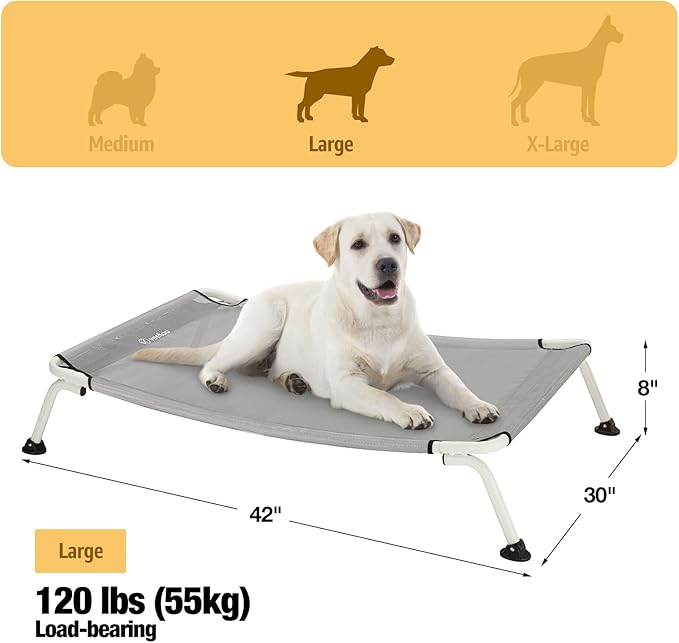 Veehoo Elevated Dog Bed for Outdoor, Cooling Waterproof Raised Dog Cots Beds for Large Dogs, Curved Off Ground Pet Hammock Cot Lifted for Outside, up to 85lbs, White Legs, Grey 42"