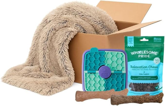 Dog Calming Bundle by Outward Hound – Includes Puzzle, Calming Chews, Plush Blanket & Chew Toys – Helps Relieve Anxiety from Fireworks, Thunderstorms, Travel & Guests – Enrichment for All Dog Sizes