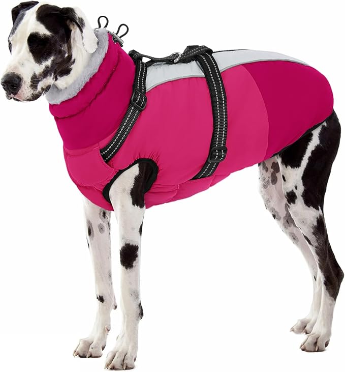 SUNFURA Dog Coat, XXXL Dog Jacket with Harness Built in, Waterproof Pet Winter Coat Snowsuit with Zip, Reflective Fleece Jacket for Extra Large Dogs, Great Dane, Hot Pink 3XL