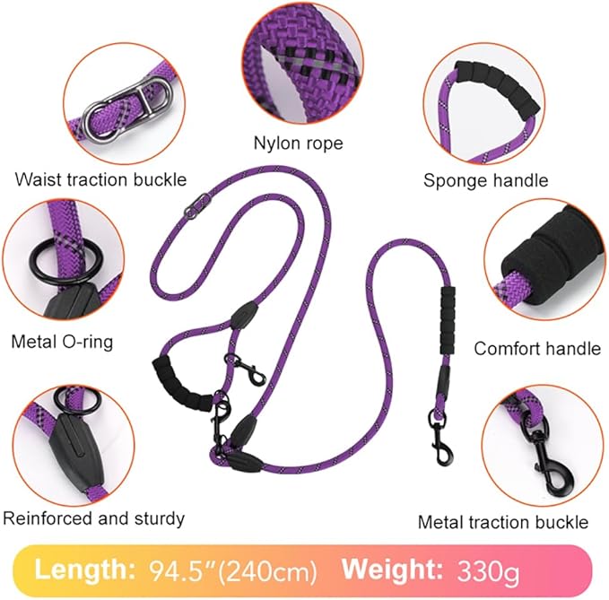 Cymiler Hands Free Dog Leash, 8 Ft Reflective Cross-Body Pet Rope Leashes with Sponge Handle, Heavy Duty Nylon, for Running, Hiking, Training, Waist Leash for Small Medium Large Dogs (Purple)