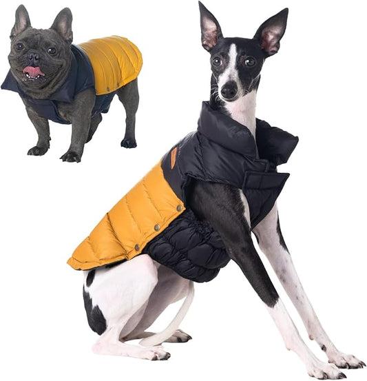 SPACE LION Dog Puffer Jacket, Down Winter Coat, Durable Outdoor Coat for Cold and Windy Conditions, Lightweight & Adjustable Fit Coats for Medium & Large Dogs,(BlackKhaki, Size18/L+)
