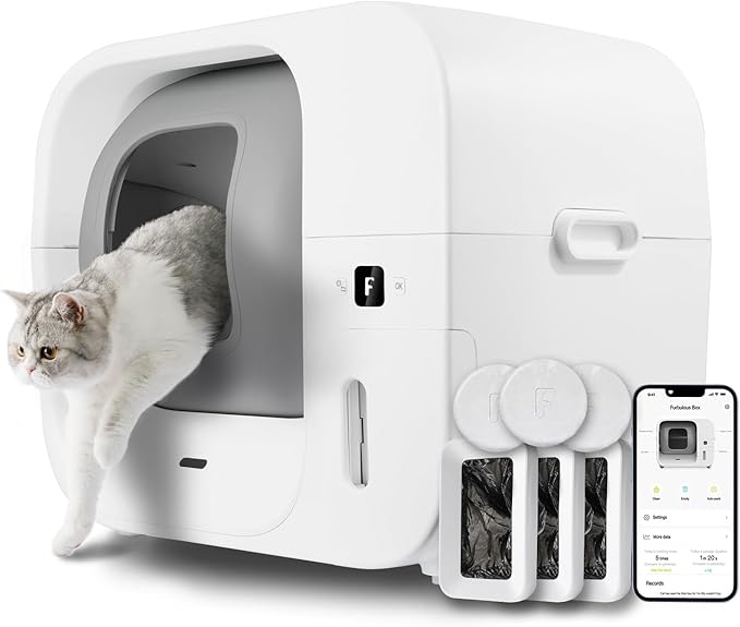Furbulous True Odor-Free Automatic Self-Cleaning Cat Litter Box, Extra Large for 3–22 lbs Cats, Smart APP Control, Self-Pack & Refill System, 3 Waste Bags Included, Upgraded Model - White