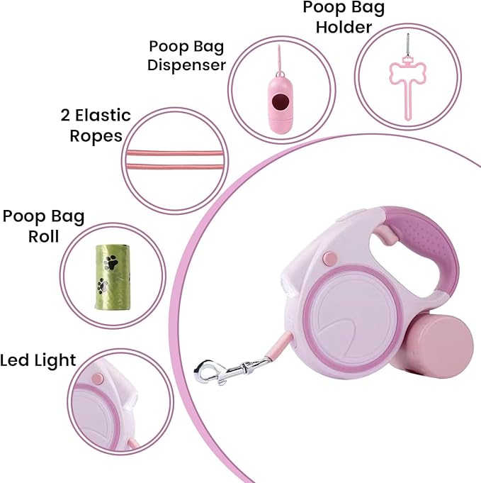Best Dog Supplies | Pink Retractable Dog Leash with Light, Poop Bag Dispenser, Poop Bag Holder, 2 Elastic Ropes | Set of 4