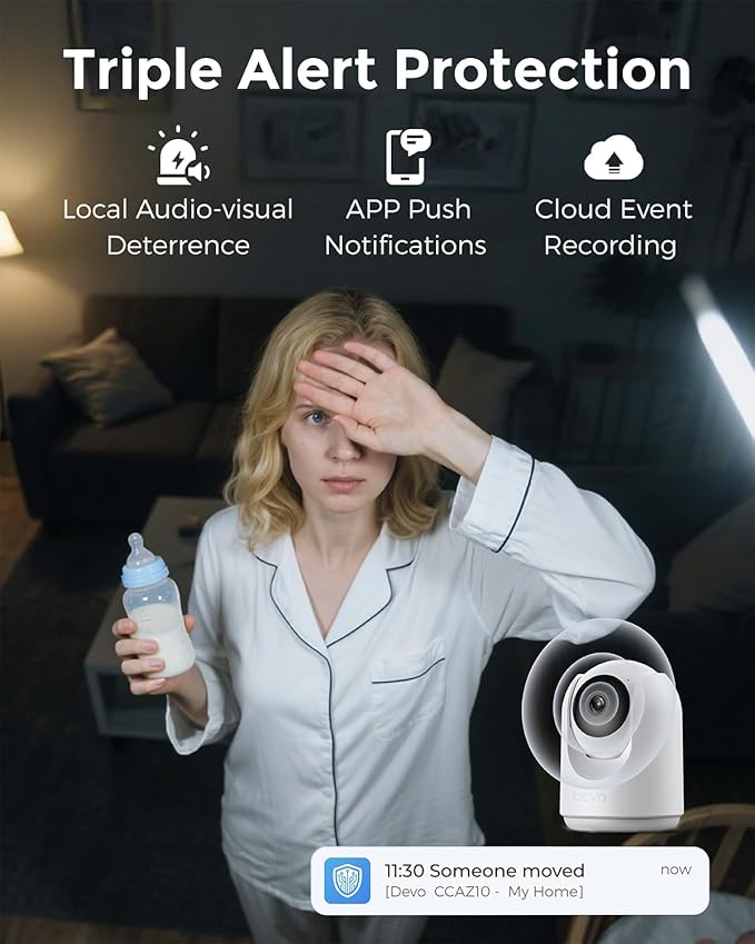 Devo Indoor Smart Cameras for Home Security 2K, 360 Pan-Tilt Human Pet Dog Baby Monitor Camera with Phone App, WiFi Home Camera Motion Detection, Color Night Vision 2-Way Audio, 256GB SD Card & Cloud