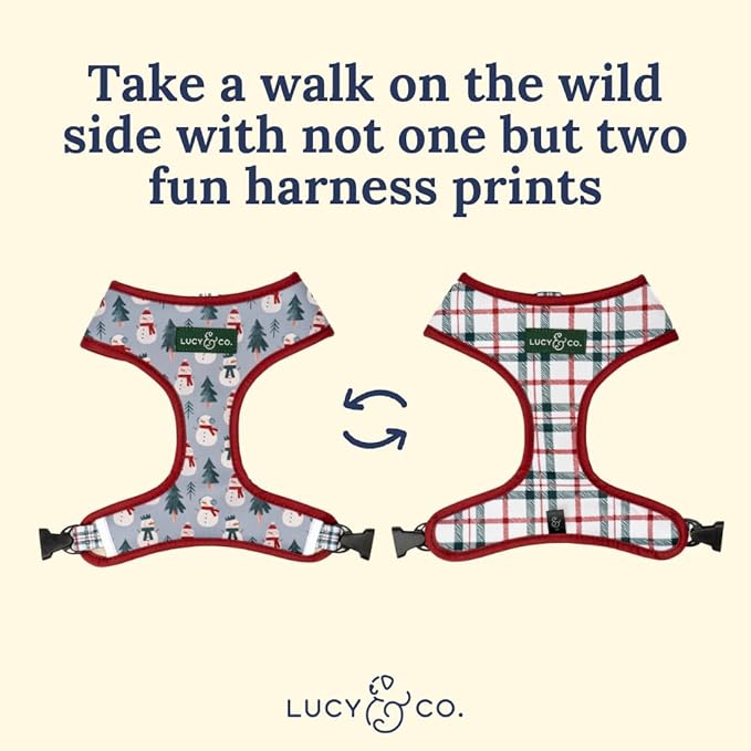 Lucy & Co. Cute Reversible Dog Harness Walking Halter - Best Designer Pet Harnesses for XS - XL Dogs - Padded Adjustable Vest for Easy Walking-Small-Gray & White Snowman