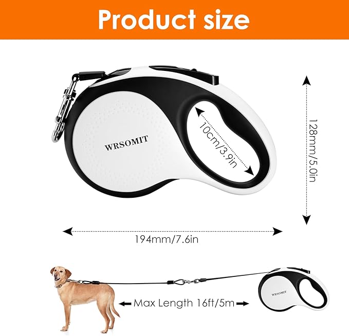 Retractable Dog Leash with Chew Proof Cable and LED Flashlight, 16Ft Heavy Duty Dog Leash for Medium Large Dogs up to 110lbs, 360° No Tangle (White+16ft+LED)