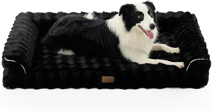 Faux Fur Orthopedic Dog Bed, Extra Large Dog Bed, Supportive Foam Pet Sofa with Waterproof Lining Cover, Washable U-Shaped Pet Couch with Anti-Slip Bottom Design, Black XXL 48x32x8 inch