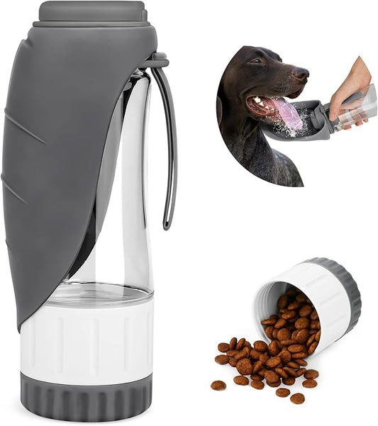 Upgraded Dog Water Bottle, Portable Dog Cat Puppy Pet Water Dispenser Feeder with Drinking Cup and Food Container Leak Proof for Outdoor Walking, Travel, Hiking 12OZ Grey