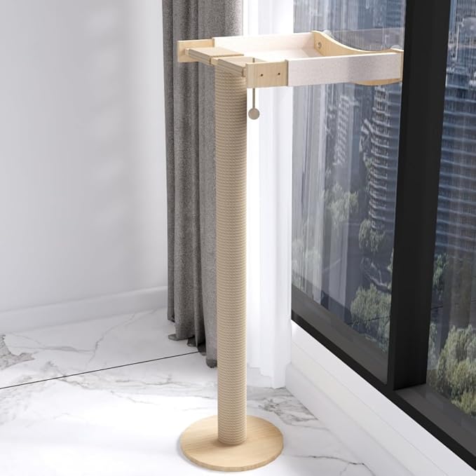 Cat Window Perch with Scratching Post Strong Supported - Large Hammock Bed for Cats Inside - Solid Wood Seat, Soft Cushion - Rustic Indoor Cat Tree Shelf for Sunbathing (Natural, Large 1)