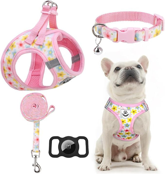 EXPAWLORER Small Dog Harness and Leash Set - Cute Puppy Harness Leash Dog Collar with AirTag Holder Silicone Case, Soft Padded Step in Pet Vest Reflective for Outdoor Walking, Floral S