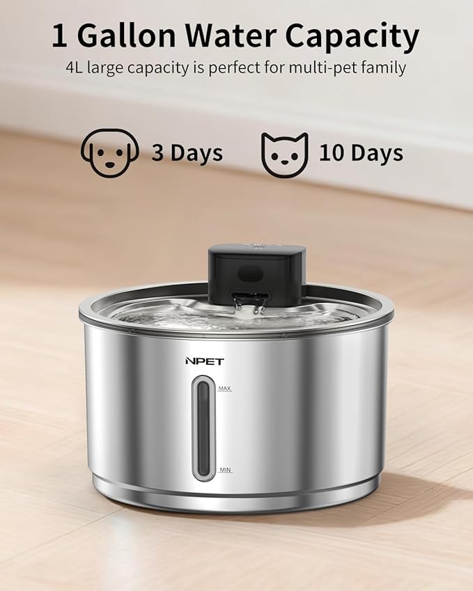 NPET Stainless Steel Wireless Cat Fountain, 1Gallon/135oz Battery Operated Automatic Pet Drinking Fountain - Cordless Dog Water Dispenser with Water Level Window for Cats Indoor