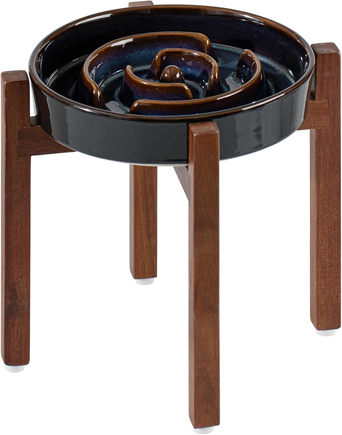 Ceramic 1.6 Cup Raised Slow Feeder Dog Bowl Set, Elevated Acacia Wood Stand for Medium and Large Dog, 8.2inch Slow Dish, Stop Bloat(Single Bowl+ Stand, Starry Sky)