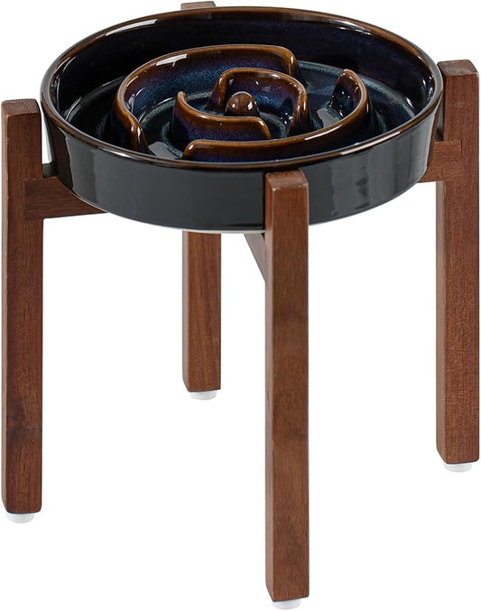 Ceramic 1.6 Cup Raised Slow Feeder Dog Bowl Set, Elevated Acacia Wood Stand for Medium and Large Dog, 8.2inch Slow Dish, Stop Bloat(Single Bowl+ Stand, Starry Sky)