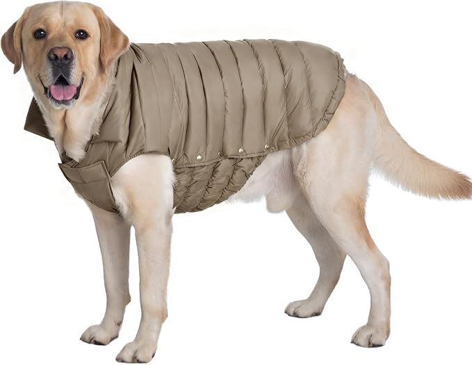 SPACE LION Dog Puffer Jacket, Down Winter Coat, Durable Outdoor Coat for Cold and Windy Conditions, Lightweight & Adjustable Fit Coats for Large Dogs, (Khaki, Size24/2XL)