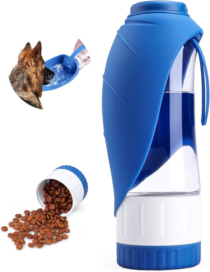 Dog Water Bottle, Pet Water Bottle with Food Container, Portable Dog Drinking Bottle Cup Dispenser for Outdoor Walking, Hiking, Travel Large Blue