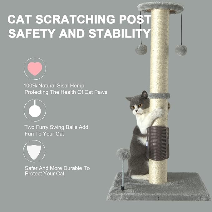 PEEKAB 32" Tall Cat Scratching Post Sisal Scratch Posts with Hanging Ball and Self-Massage Brush Vertical Scratcher for Indoor Cats and Kittens Light-Gray 32inches