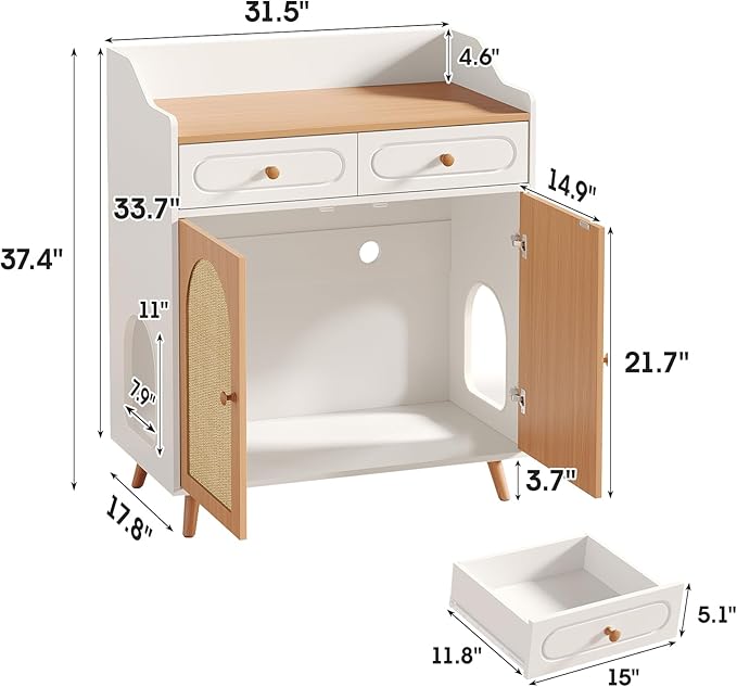 Cat Litter Box Enclosure Furniture, Wooden Hidden Litter Box Furniture with Double Rattan Scratching Board Doors, 2 Drawers, Litter Box Cabinet, Cat Cabinet, Natural