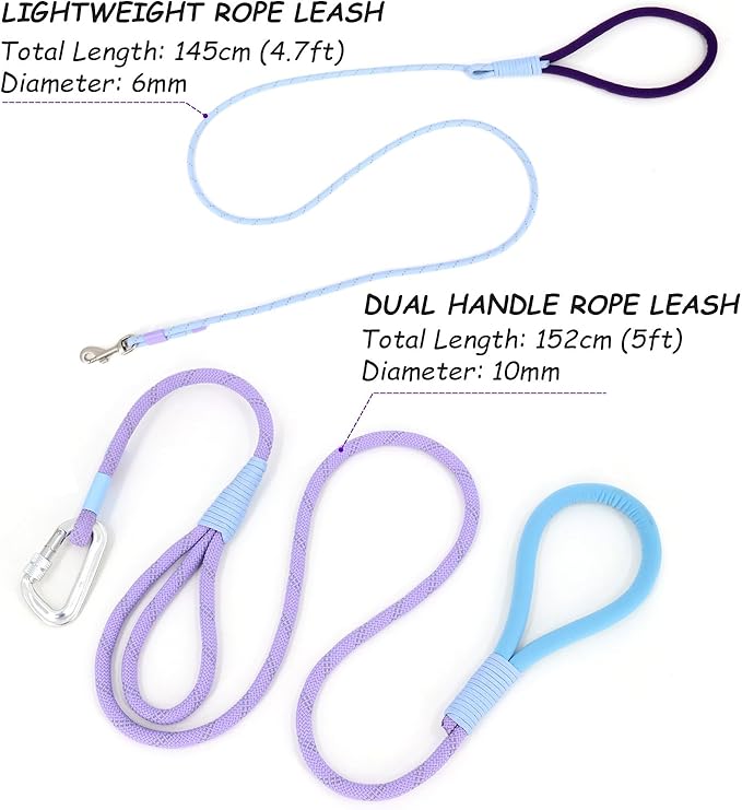 Twin Tails Leash Set - 5ft Double Handle Dog Leash and 4.5ft Lightweight Premium Rope Dog Leashes, Reflective Pet Leashes for Small Medium and Large, Dogs Kid-Friendly Family Set,
