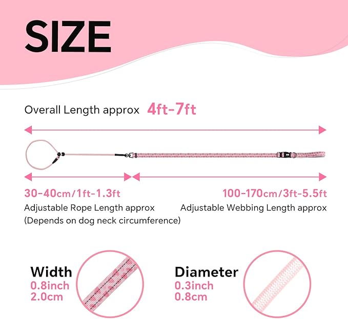 QQPETS Adjustable Slip Lead Dog Leash, Hands Free Waist Leash for Dog Walking, Reflective Training Lead with 360° Swivel Anti-Tangle, 4-7 ft Length for All Breeds