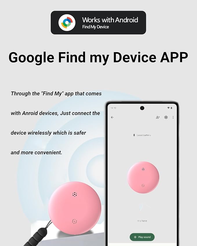 Android Compatible with Air Tags, Air Tracker Tag with Google Find My Device App, Bluetooth Tracker for Android Phones, Dog GPS & Cat Tracker, Smart Tracking Tag for Keys, Suitcase (Pink, ONE)