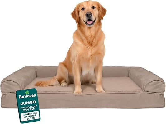 Furhaven Orthopedic Dog Bed for Large Dogs w/ Removable Bolsters & Washable Cover, For Dogs Up to 95 lbs - Luxe Faux Fur & Performance Linen Sofa - Woodsmoke, Jumbo/XL
