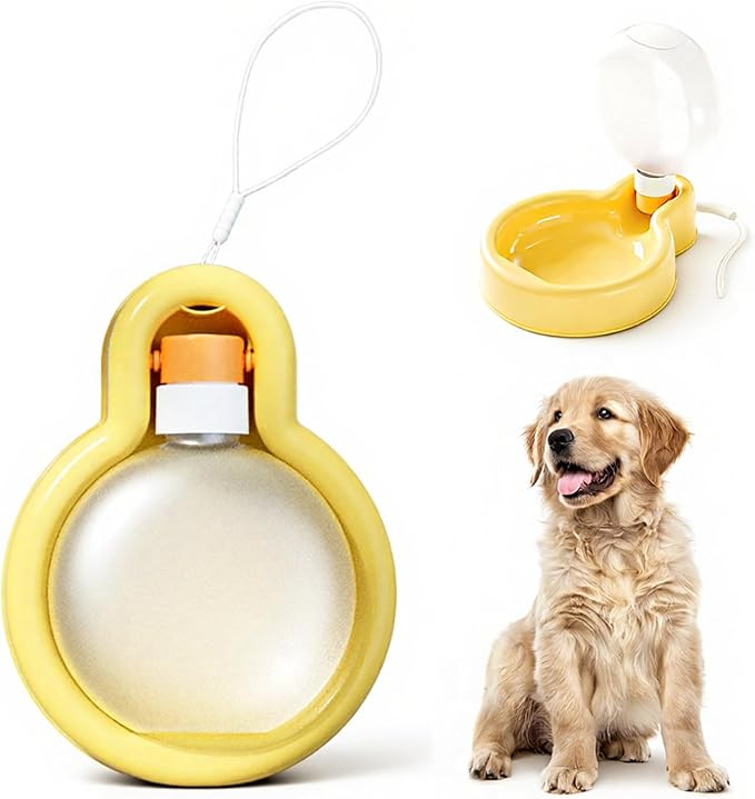 Water Dispenser for Dogs 12 Oz, Foldable Leak-Proof Travel Water Bottle, Automatic Gravity Dog Travel Accessories for Hiking Outdoors, Yellow