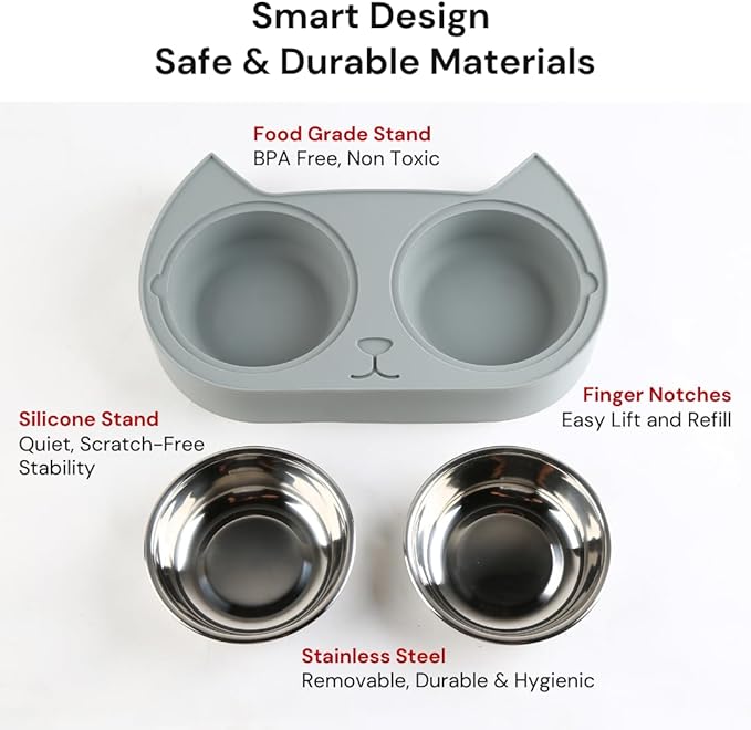 7 Ruby Road Cute Cat Bowls for Indoor Cats and Kitty, Double Cat Food Water Bowl Set with 2 Stainless Steel Pet Dishes and Grey Silicone Feeding Station, 350ml Kitten Bowls for Wet & Dry Food