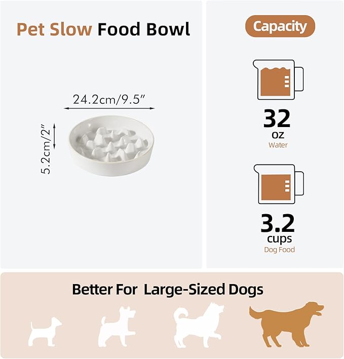 Ceramic 3.2 Cup Dog Bowl Slow Feeder, 9.5 inch Slow Pet Food Dish for Large Dog, Stop Bloat, Preventing Choking(Single Bowl,Reactived Glaze -White)