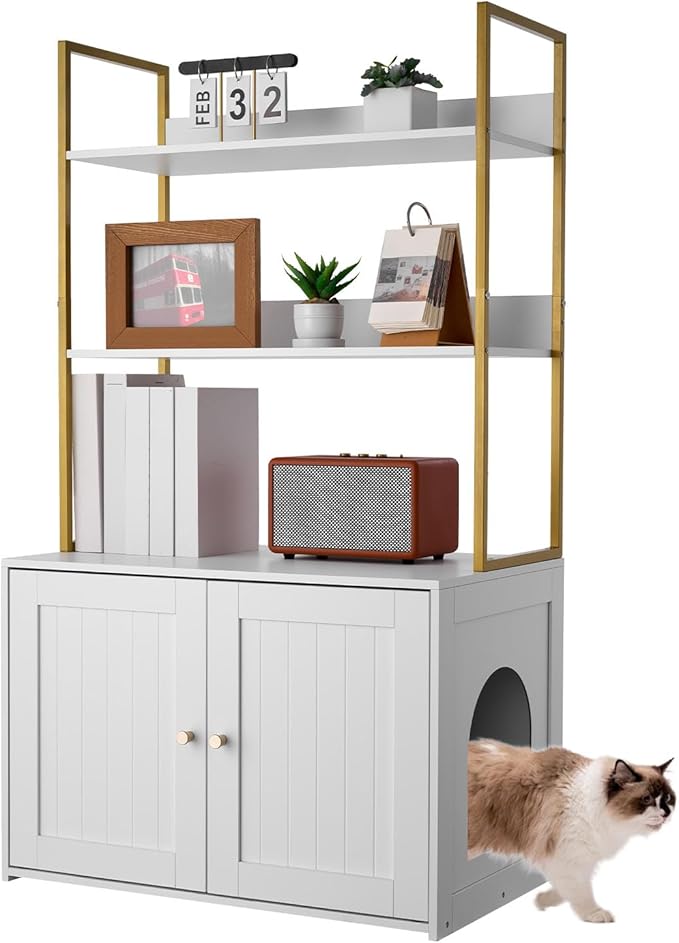 VEVOR Cat Litter Box Enclosure Furniture, 27.6 in Hidden Litter Box Cabinet with Metal Legs & 2-Tier Storage Shelves, Waterproof Washroom Cat House, Fit Most of Litterbox, for Living Room