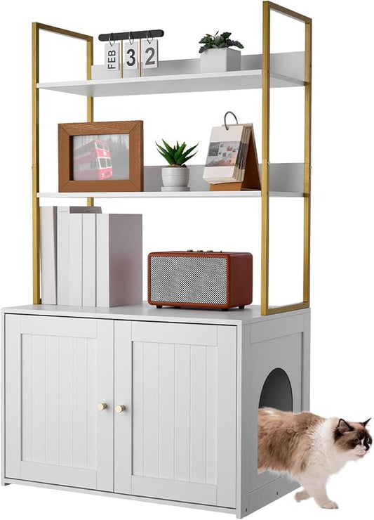 VEVOR Cat Litter Box Enclosure Furniture, 27.6 in Hidden Litter Box Cabinet with Metal Legs & 2-Tier Storage Shelves, Waterproof Washroom Cat House, Fit Most of Litterbox, for Living Room