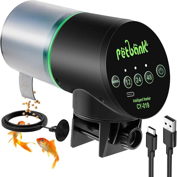 Automatic Fish Feeder for Aquarium - Auto Fish Food Dispenser Rechargeable for Small Large Tank with USB Charger Cable，12/24/48H Interval Esay Set Up (Black, CY-019)