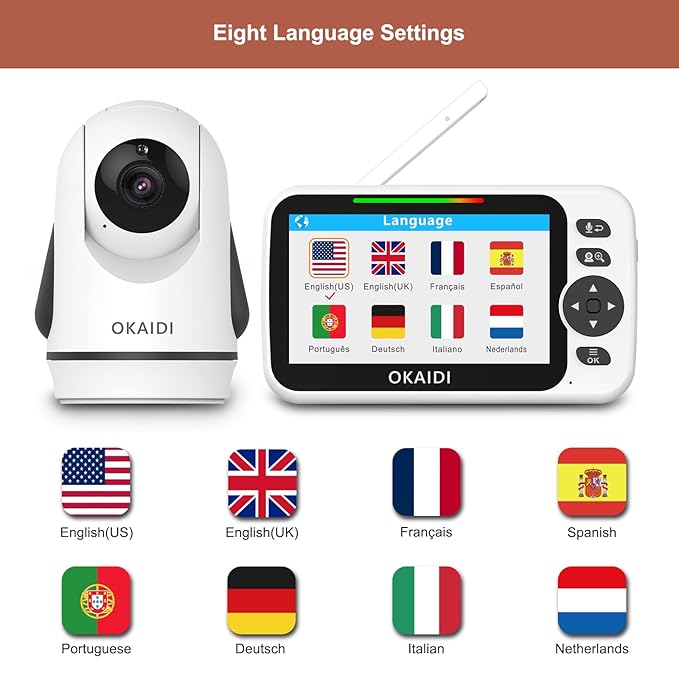 OKAIDI Video Baby Monitor with Camera and Audio, 5" Display Baby Monitor No WiFi, 30H Battery and 1000ft Range, Remote Pan-Tilt-Zoom Baby Camera, Night Vision, 2-Way Talk, ECO, Temperature, Lullaby