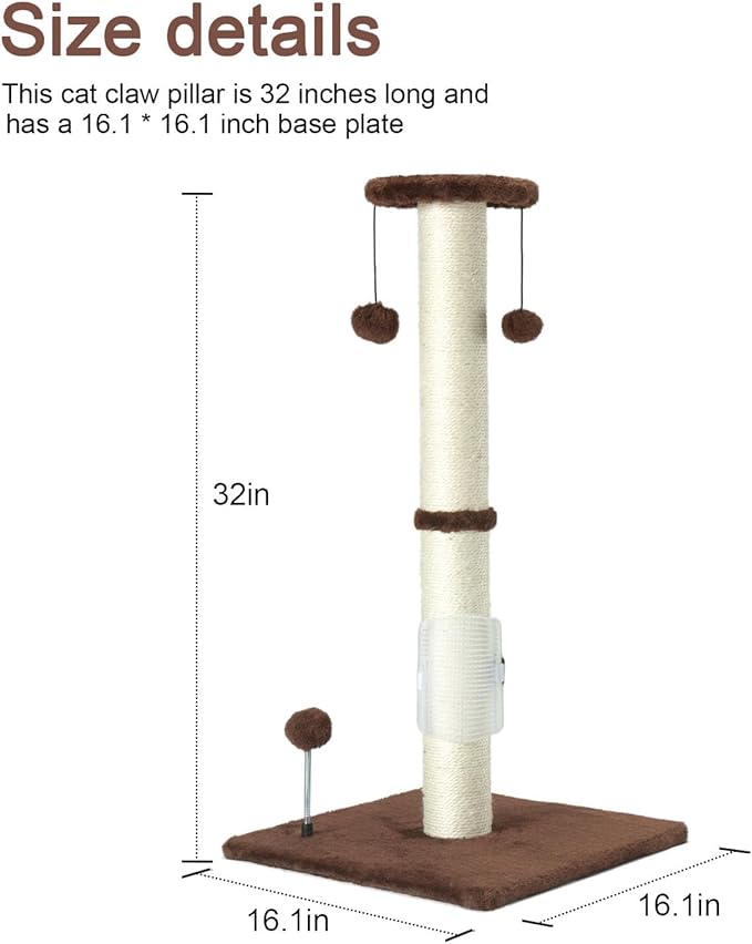 PEEKAB 32" Tall Cat Scratching Post Sisal Rope Scratch Posts with Hanging Ball and Self-Massage Brush Vertical Scratcher for Indoor Cats and Kittens Brown 32inches