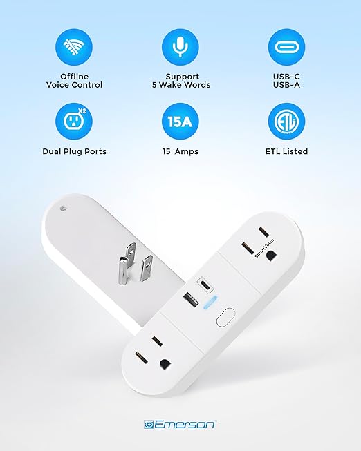 Emerson SmartVoice 4-in-1 Wall Plug, Offline 30+ Voice Control Commands, No APP, No WiFi, No Setup, Smart Outlet w/ 2 AC Outlets, USB-A & USB-C Ports, Sleep & Wake Timer, ETL