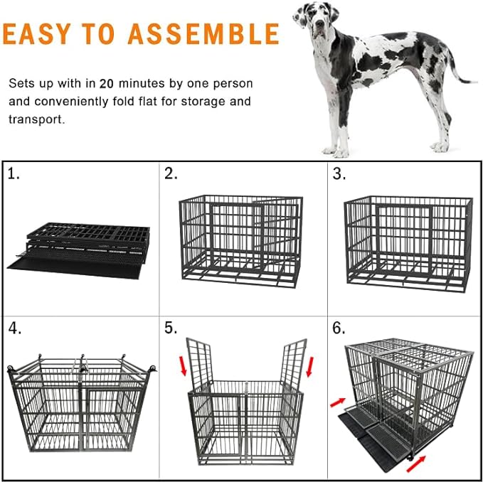 54/48/42/38 Inch Heavy Duty Dog Crate Cage with Wheels, Indestructible and Escape Proof Steel Kennel Indoor for High Anxiety Dogs with Sturdy Locks, Double Door and Tray, Extra Large XL XXL