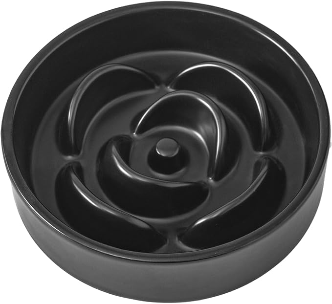 6'' Ceramic Slow Feeder Dog Bowls - Petal Shape Modern Dog Food Dish for Cats and Small Breed Dogs, Puzzle Maze Bowl to Slow Down Eating, Anti-Gulping, Dishwasher & Microwave Safe, Black